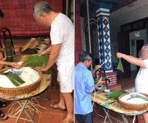 Thấy con cháu chán nản vì nghỉ dịch quá lâu, cụ ông quyết định cho cả nhà 'ăn Tết lần 2' với chiếc bánh chưng 'khổng lồ'