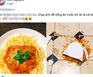 Loay hoay cả buổi mới làm được đĩa mỳ ưng ý, chàng trai vừa chụp vài kiểu tự sướng để khoe khoang thì nhận được cái kết 'đắng lòng'