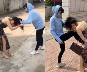 'Tiểu tam' xăm trổ hổ báo nhưng vẫn phải cam chịu khi bị vợ của nhân tình túm tóc, đánh ghen tới tấp