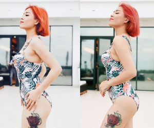 MC Hoàng Linh khoe đường cong sexy với đồ bơi, hình xăm lớn ở đùi thành tâm điểm