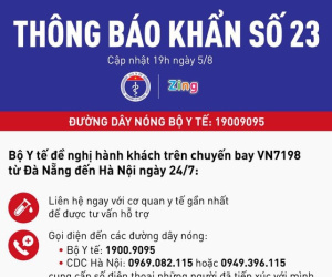 Bộ Y tế ra thông báo khẩn số 23: Tìm kiếm những hành khách trên chuyến bay VN7198 từ Đà Nẵng đến Hà Nội ngày 24/7