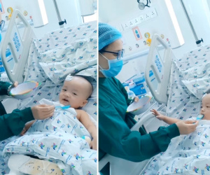 'Tan chảy' với hình ảnh cặp song sinh Trúc Nhi - Diệu Nhi lần đầu ăn được cháo sau ca đại phẫu