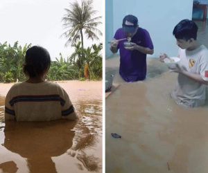 Chùm ảnh xót xa mùa mưa lũ Miền Trung: Nước ngập ngang bụng vẫn phải đứng ăn cơm, mẹ già co ro tấm chăn mỏng giữa mênh mông lũ chờ cứu hộ
