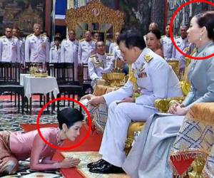 Hoàng hậu Suthida gây chú ý với biểu cảm khác lạ khi Hoàng quý phi Thái Lan quỳ rạp dưới chân Quốc vương