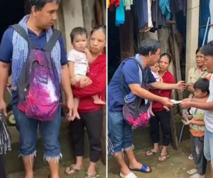 Hình ảnh Quyền Linh bị trôi dép tổ ong, phải mang mỗi bên 1 loại khi đi cứu trợ miền Trung gây xúc động