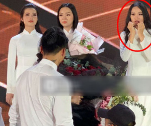 Biểu cảm 'ơ mây zing' của gái đẹp khi chứng kiến Đoàn Văn Hậu lên thẳng sân khấu tặng hoa cho Doãn Hải My