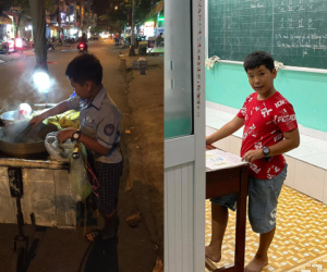 Cậu bé mặc áo đồng phục bán bắp luộc trên đường phố Sài Gòn đã đi học được 1 tuần
