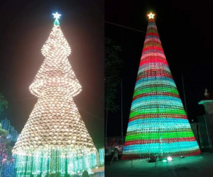 Vẻ đẹp hoành tráng và huyền ảo của 2 cây thông Noel khổng lồ làm bằng 'chất liệu đặc biệt' ở Nghệ An khiến dân mạng trầm trồ