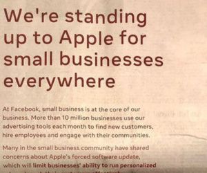 Facebook đăng quảng cáo toàn trang trên báo, để chỉ trích những thay đổi quyền riêng tư trên iOS 14 của Apple