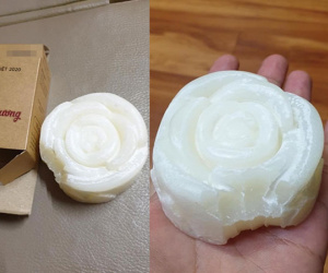 Thấy chiếc bánh trắng muốt hấp dẫn, nam thanh niên nhanh chóng cắn thử rồi nhăn nhó mặt mũi