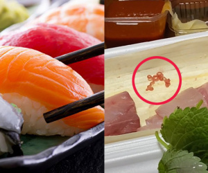 Đang ăn bỗng nhìn thấy 2 con giun nhảy múa bên đĩa sushi khiến vị khách rùng mình