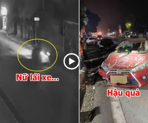 Khoảnh khắc nữ tài xế lái ô tô đâm vào cột điện, lộn vòng trên đường