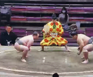 Đô vật Sumo đổ gục, nằm im bất động sau khi húc đầu với đối thủ