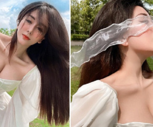 Võ Ngọc Trân lại diện váy áo trễ nải, khoe vòng 1 như muốn 'trào ra'