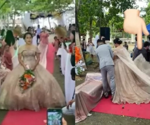 Khách mời sốc nặng khi thấy người đàn ông chui ra từ váy cưới của cô dâu