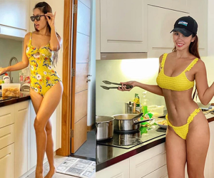 Hà Anh diện bikini đứng bếp nấu ăn