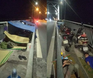 Mắc kẹt tại cửa ngõ vào Thái Bình, người dân căng lều bạt, vạ vật trên cầu Triều Dương