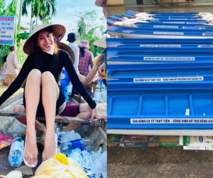 Netizen tranh cãi hình ảnh Thuỷ Tiên tặng thuyền máy cứu trợ miền Trung nhưng chỉ ghi tên 2 vợ chồng, phía chính chủ nói gì?