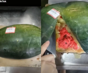Mua được quả dưa bổ thử thì vỏ ngoài mềm như nhựa dẻo nhưng bất ngờ hơn với phần ruột bên trong