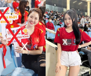 2 hot girl nổi tiếng gây tranh cãi kịch liệt khi có hành động PR cho sàn cờ bạc, cá độ bóng đá ngay trên khán đài cổ vũ ĐT Việt Nam