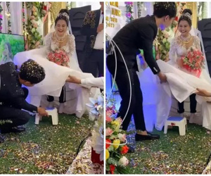 Chú rể ga lăng lấy ghế kê cho vợ đứng cao bằng mình, vừa nhấc váy cô dâu khách mời đã cười ngã ngửa vì điều này
