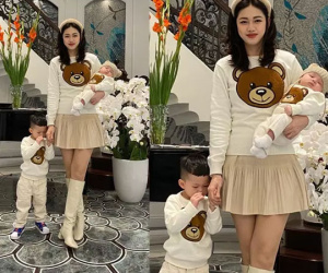 Á hậu Thanh Tú cùng lúc công khai gương mặt 2 quý tử