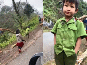Clip: Xót xa những em bé vùng cao chân đất đi kéo gỗ phụ cha mẹ ngày đông giá rét