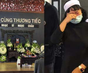 Đám tang nhạc sĩ Ngọc Châu: Em gái Khánh Linh mắt đỏ hoe, thất thần bên cạnh bàn đặt tro cốt