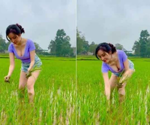 Bà Tưng chia sẻ clip đi dặm lúa, dân tình nín thở khi xem vì sợ vòng một trực trào ra ngoài