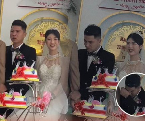 Chú rể thất thần, sợ sệt túm chặt tay bố rồi nghẹn ngào lau nước mắt trong đám cưới mặc cho cô dâu cười tươi như hoa khiến dân tình cười bò