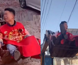 Phẫn nộ cảnh chú rể bị trói vào xe cẩu đưa lên trời, suýt mất mạng vì chạm vào dây điện cao thế: 'Định biến đưa dâu thành đưa ma hay sao?'