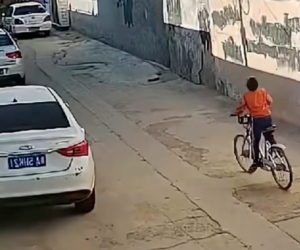 Ngậm bánh, tung tăng đạp xe rồi lao vào ô tô đỗ ven đường, hành động sau đó của cậu bé gây cười xỉu