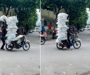 Hình ảnh shipper chở hàng giữa phố như diễn xiếc, dân tình hốt hoảng: 'Báo công an có được không?'