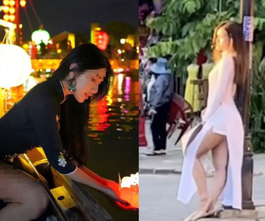 Du khách Thái mặc áo dài với quần đùi, ưỡn ẹo phản cảm ở Hội An