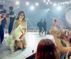 Khoảnh khắc xúc động: Lệ Nam, Hoàng Phương quỳ gối cảm ơn khán giả trong chung kết Miss Universe VN