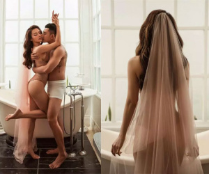 Phương Trinh Jolie bị chê phản cảm khi diện vỏn vẹn nội y đội voan cô dâu áp ngực vào chồng