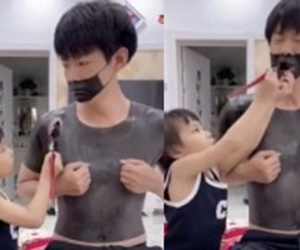 Trông con gái một mình, ông bố ngồi im cho con 'thí nghiệm tô tượng', nhìn biểu cảm bất lực mà ai cũng bật cười
