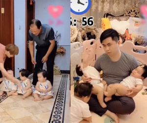 Nghịch ngợm bị ông bà nội 'trả lại nơi sản xuất', ông bố chật vật chăm sóc 3 cô công chúa khiến dân tình cười bò: 'Mát tay gớm đấy chứ!'