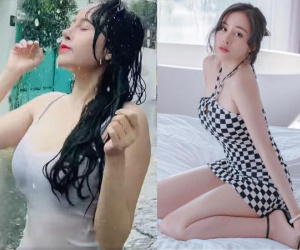Mặc áo mỏng tang tắm mưa, bà Tưng lộ nội y 'kém duyên'
