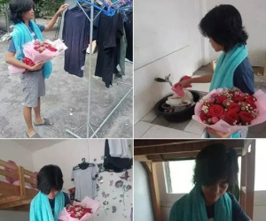Lần đầu được chồng tặng hoa, vợ vừa làm việc nhà vừa ôm chặt không rời khiến dân tình thích thú