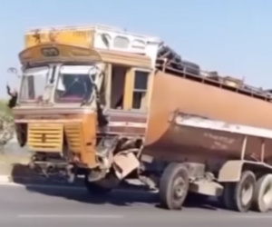 Kinh hoàng cảnh tượng chiếc xe tải không bánh trước lao băng băng trên đường