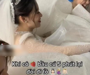 Dở khóc dở cười với hình ảnh cô dâu bầu lớn, cứ 5 phút lại phải nhờ hội bạn xách váy để đi vệ sinh