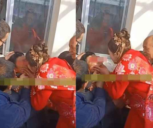 Cô dâu dùng miệng mớm nước dâng trà cho bố chồng vì quan khách nói đó là phong tục, thái độ chứng kiến của chú rể còn gây choáng váng hơn