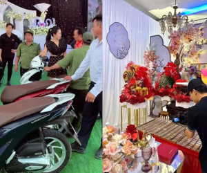 Sau đám cưới đãi khách cua hoàng đế, bào ngư nguyên mâm, CĐM lại sửng sốt với hình ảnh khách dự đám cưới được tặng vàng, xe máy