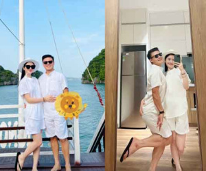 Quang Hải tạo dáng hài hước khi chụp ảnh cùng bạn gái