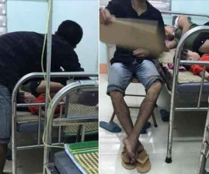 Ấm lòng cảnh đưa vợ bầu đi viện, chồng một tay bóp chân, một tay quạt cho vợ ngủ