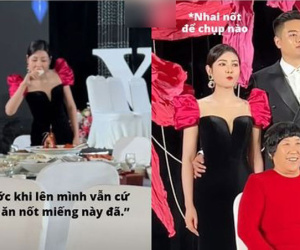 Cô dâu mải ăn cỗ đến quên cả chụp hình kỉ niệm trong đám cưới của chính mình, MC gọi lên sân khấu vẫn còn nhai cố miếng bánh