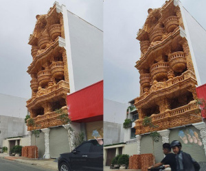 Biệt thự vô cùng độc lạ ở Bình Dương: Chạm trổ kín mặt tiền, kiến trúc độc đáo nhưng nhiều người thắc mắc lau dọn kiểu gì?