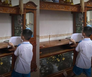Vừa nhận giấy khen ở trường trở về, bé trai nhìn lên di ảnh bố nói một câu khiến ai cũng xúc động