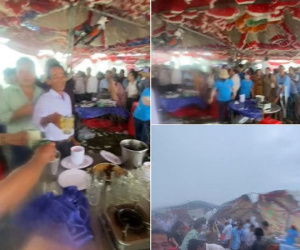 Dở khóc dở cười cảnh khách khứa đang nâng ly nhiệt tình thì dông tới bay luôn cả rạp